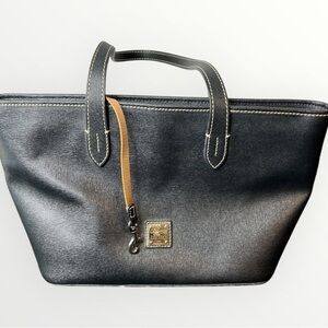 Dooney & Bourke Black Leather Tote Tan Trim Duck Logo Classic Red Lining